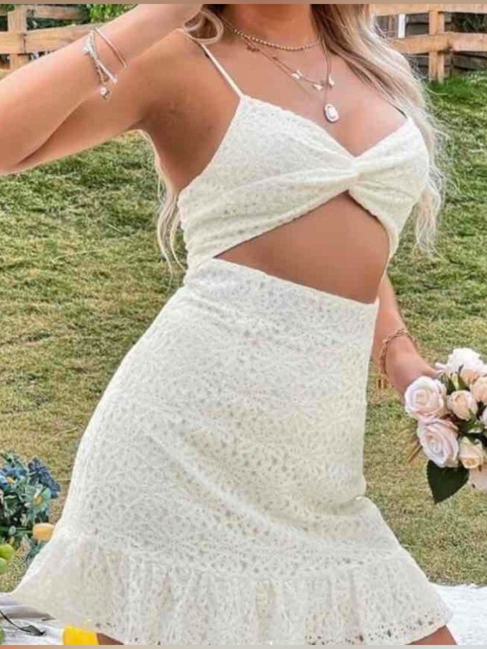 White Lace Cutout Sundress with Twist Front